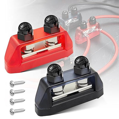 RED WOLF 2PCS 5/16" M8 Dual Stud Bus Bar 12-48V Power Distribution Block Holder 150A DC MAX, Battery Terminal Junction Dual Power Stud Busbar for Car Marine Boat Red & Black w/Screws