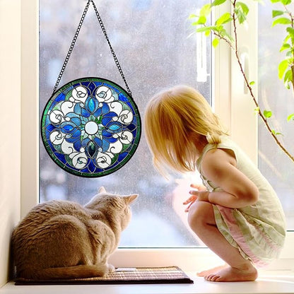 DASTOLL Stained Glass Window Hanging, Boho Style Sun Catchers Diamond Glass Panel Hangings Tiffany Suncatcher Decor for Birthday for Women, Men, Wife, Aunt, and Mom 11.8x11.8 in