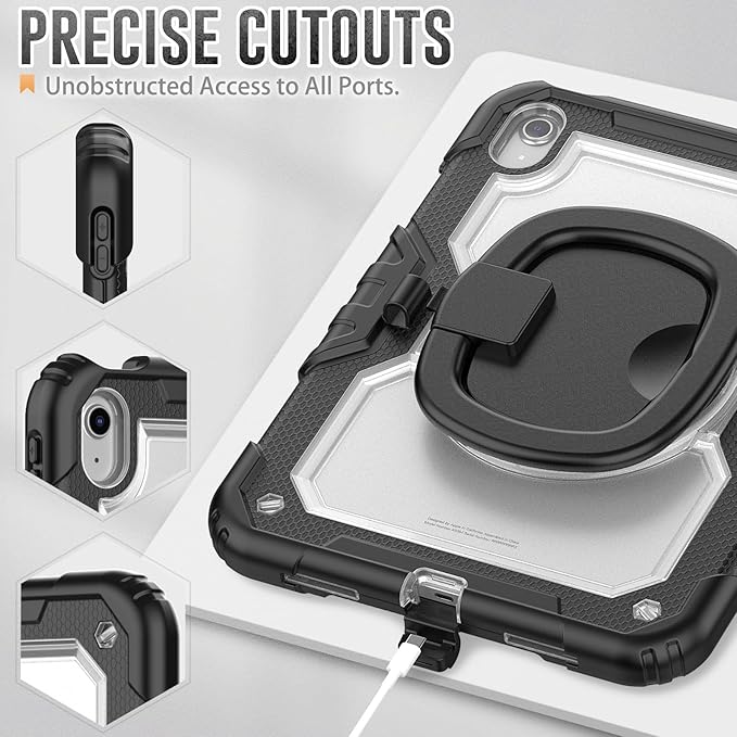 SCSVPN Case for iPad A16 11th Generation 11 Inch 2025/ iPad 10th Generation Case 10.9 Inch 2022, Shockproof Rugged Kids Transparent Cover w/Pencil Holder, Rotating Stand/Handle, Shoulder Strap, Clear
