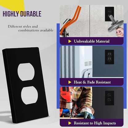 ENERLITES Screwless Duplex Wall Plate, Child Safe Receptacle Outlet Cover, Standard Size, 1-Gang 4.68" x 2.93", Unbreakable Polycarbonate Thermoplastic, UL Listed, SI8821-BK, Glossy, Black