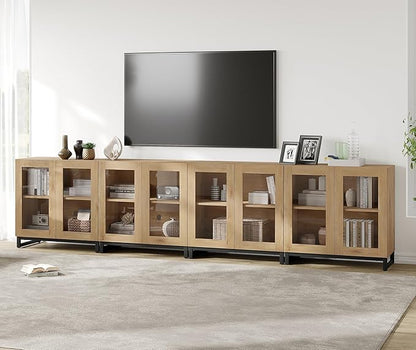 WAMPAT Modern TV Stand with Glass Doors for 120 inch TVs, 4 in 1 Entertainment Center Console with Adjustable Shelves and Metal Base for Living Room, Bedroom, Oak