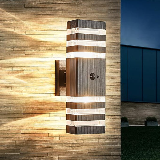 Delicavy Motion Sensor Outdoor Wall Light Fixture Up Down Porch Lights Modern Dusk to Dawn Exterior Sconce Wall Mount Outside Coach Lantern for House Front Door Garage (Include 2 Free Dimmable Bulbs)