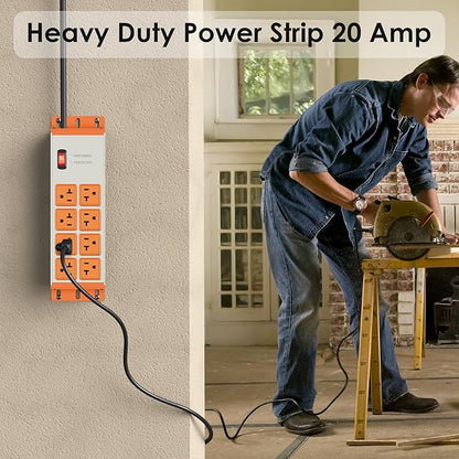 JUNNUJ Heavy Duty 20 Amp Surge Protector 4800J, Garage Metal 8 Outlets 12 Gauge, High Amp 5-15P Adapter Shop 6-20R T-Slot Industrial Outlet, 6 FT Extension Cord Commercial for Appliance, Grey