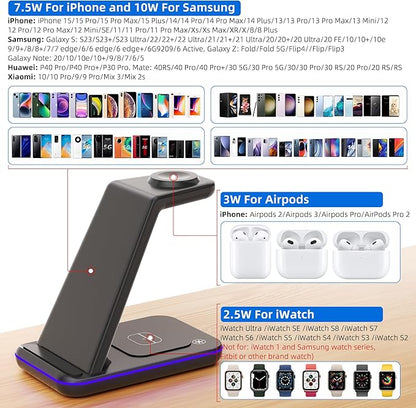 Wireless Charging Station, 3 in 1 Fast Wireless Charger for iPhone 15/14/13/12/11 Series/SE/XS/XS Max/XR/X/8/8 Plus, Charging Stand for Apple Watch SE/8/7/6/5/4/3/2/Ultra and AirPods Pro/3/2