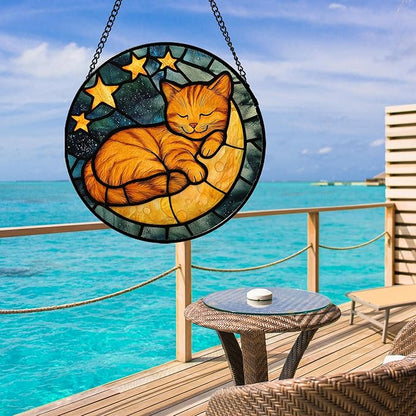 AMDERVEN Stained Glass Window Hanging - Orange Cat Sun Catcher for Door Home Decor Stars and Moon Suncatcher Christmas Mother's Day Birthday Loss of a Pet Gifts for Women Men Mom Nana 9.8 in