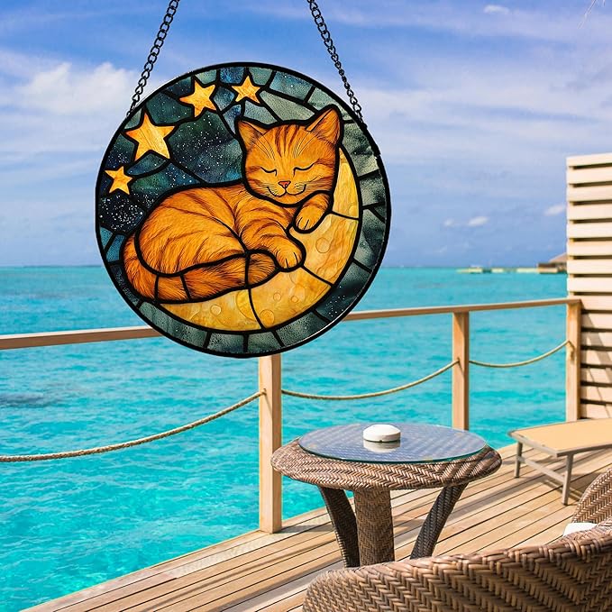 AMDERVEN Stained Glass Window Hanging - Orange Cat Sun Catcher for Door Home Decor Stars and Moon Suncatcher Christmas Mother's Day Birthday Loss of a Pet Gifts for Women Men Mom Nana 11.8 in