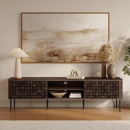 LuxenHome TV Stand for Living Room up to 80'' TVs, 71" Mid Century Modern Dark Oak Finish Wood with Basket Weave Design Entertainment Center with Storage, Media Console TV Console Cabinet for Entryway