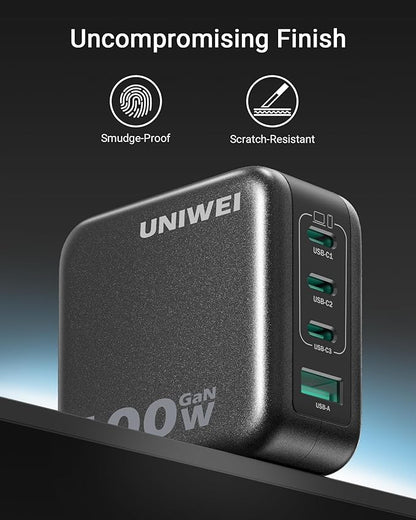 UNIWEI 100W USB C Charger Block, 4-Port GaN and Ultra-Compact Wall Adapter, for MacBook, iPhone 17/16 Series, Samsung Galaxy, Pixel, and More