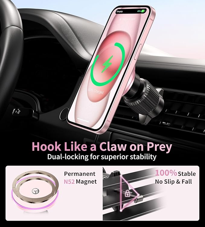 for MagSafe Car Mount Charger Dash/Windshield/Vent Wireless Car Charger with [LED Light], Strong Magnetic Phone Holder for Car for iPhone 16 15 14 13 12 Series, Fit MagSafe Accessories (Pink)