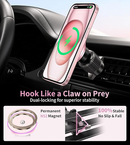 for MagSafe Car Mount Charger Dash/Windshield/Vent Wireless Car Charger with [LED Light], Strong Magnetic Phone Holder for Car for iPhone 16 15 14 13 12 Series, Fit MagSafe Accessories (Pink)