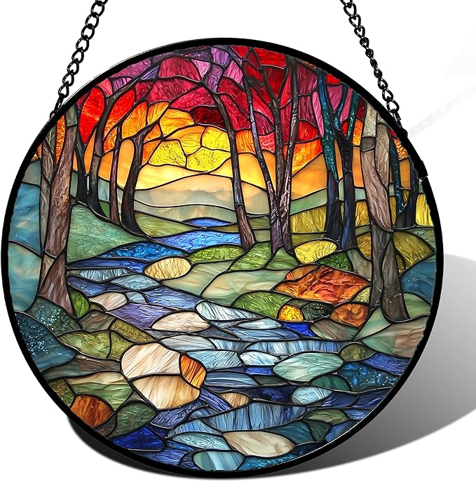 AMDERVEN Stained Glass Window Hanging, Red Tree Abstract Sunset Lake Sun Catcher for Window Home Decor Landscape Suncatcher Mother's Day Birthday Gifts for Women Men Mom and Nana 11.8 in