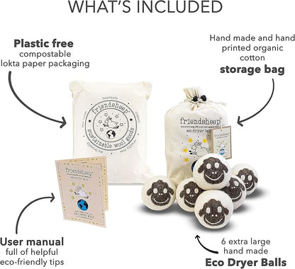 Friendsheep Wool Dryer Balls, Organic Reusable Fabric Softener Alternative for Laundry, Handmade, Fair Trade, Hypoallergenic, Eco-Friendly, Plastic-Free (6 Pack XL – Sheep Flock of Friends)