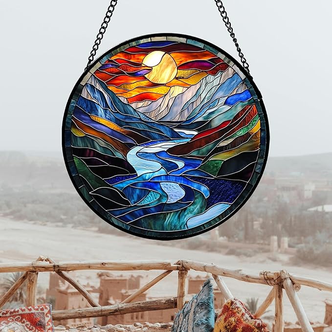 AMDERVEN Stained Glass Window Hanging, Canyon Mountains Sunset View Sun Catcher for Window Home Decor Landscape Suncatcher Mother's Day Birthday Gifts for Women Men Mom and Nana 15 in