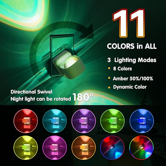 L LOHAS LED Night Light, Color Changing Night Lights Plug into Wall, Rotating White Nightlight, Dusk to Dawn Sensor, RGB Rainbow Nightlights Projector for Bathroom, Gaming Room, Decor, Gifts,2 Pack