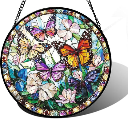DASTOLL Stained Glass Window Hanging, Colorful Butterfly Suncatcher for Doors Home Sun Catchers Decoration and Christmas, Mother's Day Birthday Gifts for Women, Men, and Mom 6.3 in