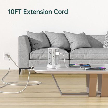 Surge Protector Power Strip Tower with PD18W USB C Port,10FT Extension Cord with 12 AC Mutiple Outlets 5 USB Charging Ports, PASSUS Power Tower Surge Protection for Home Office Dorm Room