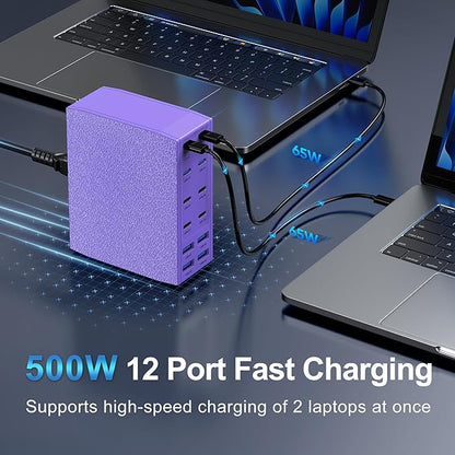 500W USB C Charger Block, 12-Port USB C Charging Station for Multiple Devices, Leather Texture Dual PD 65W Laptop Fast Charger Compatible with MacBook Pro/Air, iPad, iPhone,Galaxy and More,Purple