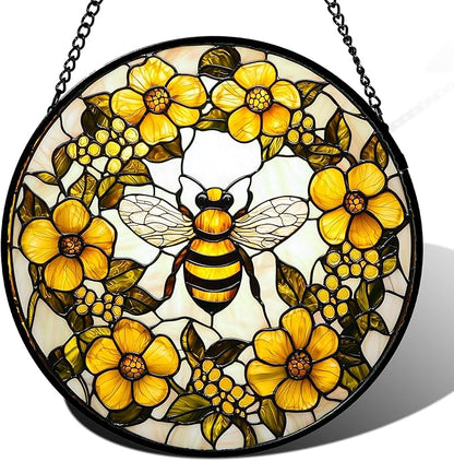 AMDERVEN Stained Glass Window Hanging - Yellow Flowers Surrounded by Bees Sun Catcher for Door Garden Home Decor Cute Suncatcher Christmas Mother's Day Birthday Gifts for Women Men Mom Nana 6.3 in