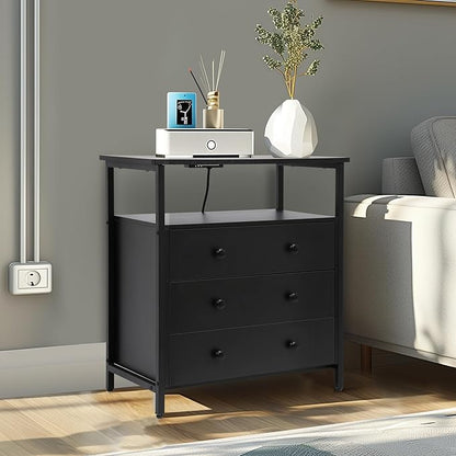 Edbuosy 3 Wooden Drawers Nightstand, 27 Inch Wide Night Stand Set 2 with Charging Station and Adjustable Drawers, Small Dresser for Closet, Bedside Table for Living Room/Bedroom/Office, Black.