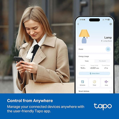 Tapo Smart Wi-Fi Power Strip- 6 Individually Controlled Smart Outlets and 3 USB Ports with Surge Protection, Matter, Works w/Alexa, Google Home, Siri, & Bixby, No Hub Needed, Tapo P316M