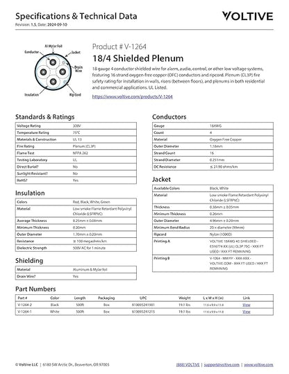 Voltive 18/4 Shielded Low Voltage Wire, Plenum CL3P, White, 500ft - 18AWG, 4 Conductors, Overall Shield, Stranded Bare Copper, UL Listed - V-1264-1