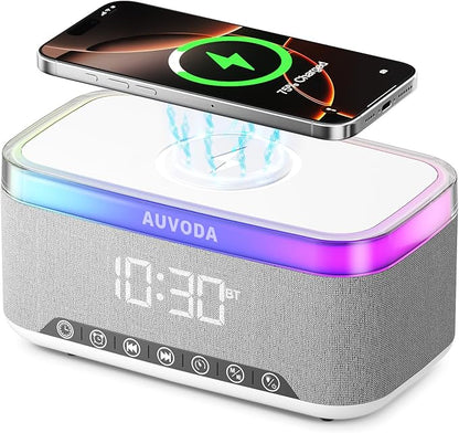 AUVODA S300 Portable Bluetooth Speaker with 15W Fast Wireless Charging, 13-Color Dimmable Night Light, White Noise, Alarm, FM Radio, 16W Stereo, BT5.3, TWS, for Home, Office, Bedroom (White)