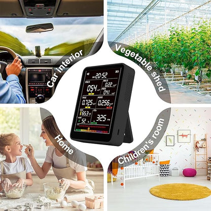Professional Indoor Air Quality Monitor with AQI Alarms, Portable Real-Time Detector for Home Cars Plants and Pets (Black)