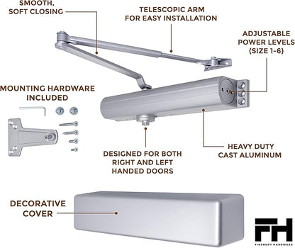 Finsbury Commercial Door Closer Automatic Heavy Duty High Traffic Adjustable ANSI/BHMA Grade 1, UL Listed ADA Compliant Hydraulic Backcheck Delayed Action Latch Speed 1-6 Power (Aluminum)