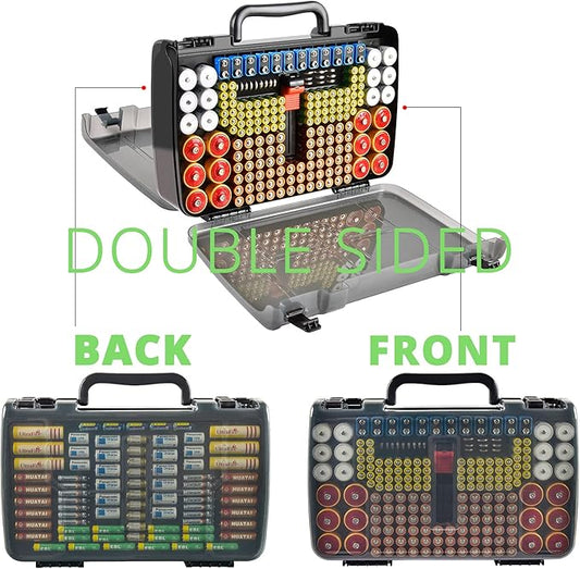 Aptbyte Battery Organizer Storage Holder Box Case with Tester- 269 Batteries Double-Sided Variety Pack, Holds AA AAA 4A C D Cell 9V 3V Lithium LR44 CR2 CR123 CR1632 18650 Button- Grey