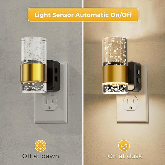 Night Lights Plug into Wall, Dimmable Night Light with Dusk-to-Dawn Light Sensor, Soft White/Cool White/Amber 3 Light Color, Adjustable Brightness, Rotatable plug, Bubble Nightlight for Hallway