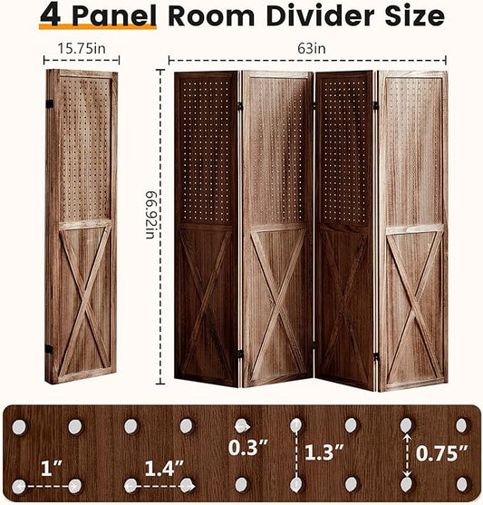 ALeesing 4 Panel Pegboard Wood Room Divider, 5.6Ft Pegboard Display Folding Privacy Screens, Peg Board Display Freestanding for Trade Show Craft Show Home Wall Organizer, Retro Brown