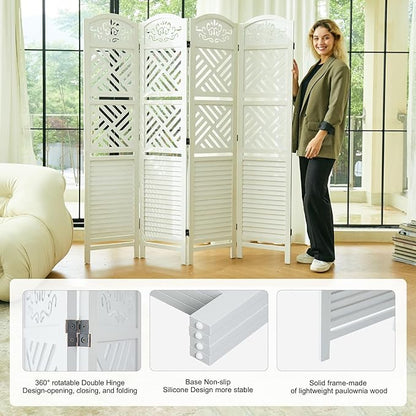 Svimi Room Divider with Shelves, 68.9inch Wood Carved and Louvered Wall Divider Freestanding, 4 Panels Folding Partition Screen for Bedroom Home Office (White)