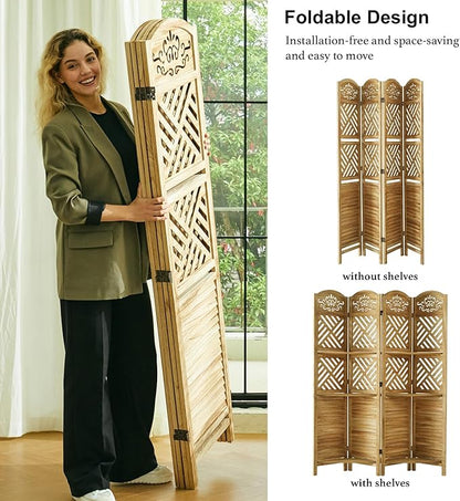 Svimi Room Divider with Shelves, 68.9inch Wood Carved and Louvered Wall Divider Freestanding, 4 Panels Folding Partition Screen for Bedroom Home Office (Natural)