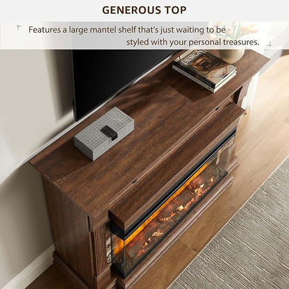 OKD 52 Inch Electric Fireplace with Mantel, Fireplace TV Stand with 36" 3-Sided Glass Electric Fireplace Heater for Living Room (Brown)