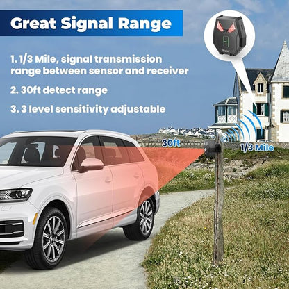 Solar Wireless Driveway Alarm, Outdoor Motion Sensor Detector Alarms Driveway Alert System 2000ft Long Range with Rechargeable Battery, Outside Weatherproof/Expandable (1 Receiver and 4 sensors)