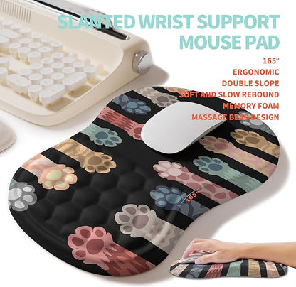 KUOSGM 2-in-1 Ergonomic Set, Wave Rise Keyboard Wrist Rest and Massage Bulge Slope Mouse Pad Wrist Support, Cushion Memory Foam Integrated to Relieve Wrist Pain, Multicolour Cat Claws