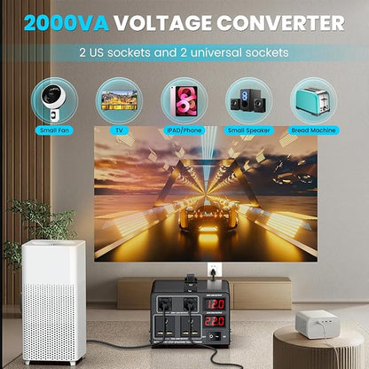 2000W Voltage Converter Transformer(110V to 220V or 220V to 110V) Step Up/Down Converter 110/120 Volt - 220/240 Volt w/US Power Cord,Circuit Breaker Protection, LCD Screen Display