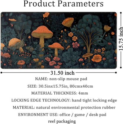 Mushroom Retro Mouse pad Desk Mat Dark Vintage Floral Forest Pad XXL, Aesthetic Botanical Desk Pad Office Desk Decor Accessories Mousepads for Laptop Computer Keyboard Mat 31.5x15.8 in