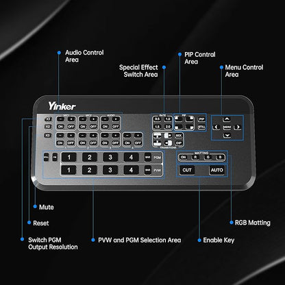 Yinker 4-Channel HDMI Live Stream Switcher, Video Mixer Switcher w/PVW & PGM 2-HDMI Output, 3.5mm Audio for OBS YouTube Real Time Live Streaming Production