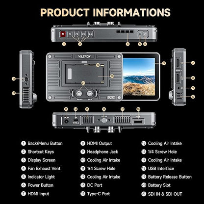VILTROX DC-X3 2000 Nits SDI Camera Field Monitor Kit with Rig Cage, 4K HDMI 6" Touchscreen On Camera Video Monitor w Sunshade Hood/Battery, 3D Lut 1920X1080 HD Full Waveform Focus Peaking VectorScope
