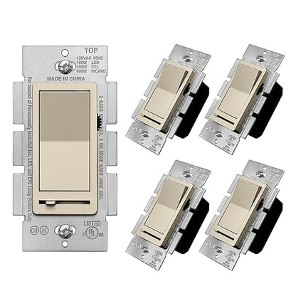 BESTTEN 5 Pack Matte Champagne Gold Dimmer Light Switch, Single Pole or 3-Way, Compatible with Dimmable LED, CFL, Incandescent and Halogen Bulb, 120VAC, Signature Collection, UL Listed