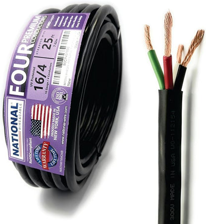 NATIONAL Wire & Cable – 16 AWG 4-Conductor Premium Copper Wire, 25 ft, Stranded | Made in USA, Heavy-Duty Flexible Jacket | LED, Lights, DIY Projects, Low Voltage Wiring, Indoor and Outdoor Use