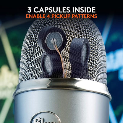 Blue Microphones Yeti Silver USB Mic for Recording, Streaming & Gaming on PC and Mac with Blue Voce Effects 4 Pickup Patterns, Headphone Output, Volume Control, Mic Gain Control, & Adjustable Stand
