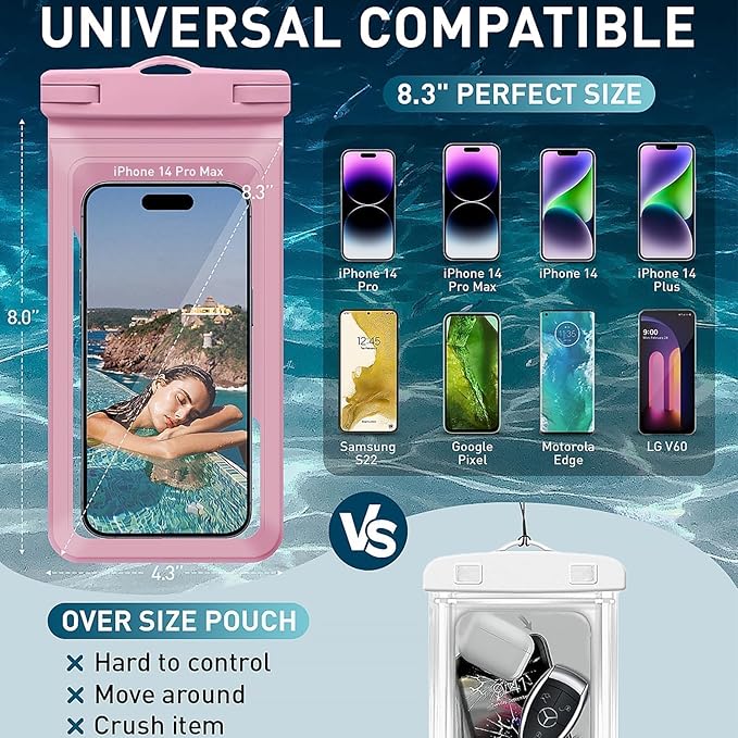 Universal Waterproof Phone Case,with Inside Card Pack,Large Dry Bag Up to 8.3",Compatible with iPhone 16 15 14 13 Pro Max, IPX8 Cellphone Travel Beach Essentials for Beach, 2 Pack-Black &Pink