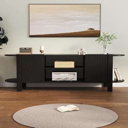 ZOSQUARE 65 Inch TV Stand for Up to 75 inch TVs, Fluted Entertainment Center with Adjustable Shelve, Curved Round Corner TV Console Table with Storage Cabinet for Living Room, Bed Room (Black)