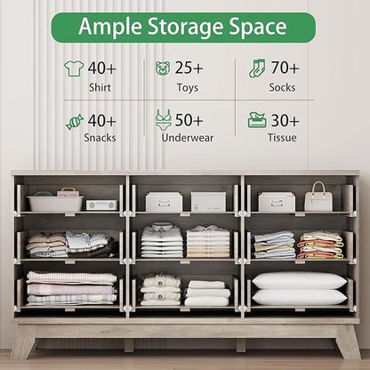 Xixini Fluted Dresser for Bedroom with 9 Drawers, 57" Wide Modern Chest of Drawers with Metal Handle, Wooden Dresser TV Stand, Wood Closet Clothes Storage Organizer for Living Room, Hallway, Grey