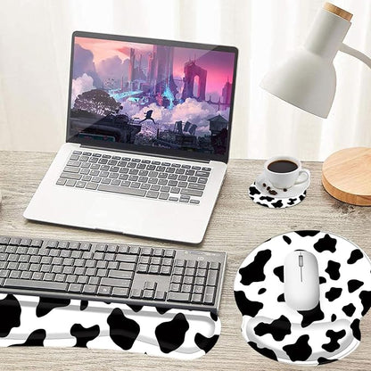 Keyboard Wrist Rest and Mouse Pad Wrist Support Set with Coasters,Non-Slip PU Base Ergonomic Gaming Mousepad for Home Office Working Studying Easy Typing & Pain Relief,Cute Cow Print
