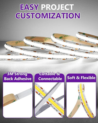 HitLights White COB LED Strip Lights 5000K, 12V Tape Light 16.4ft, 2640 LEDs, 426 lm/ft, CRI 90+, IP30, Premium High Density Lighting for Kitchen, Cabinets, Room, UL Listed(Power Source Not Included)