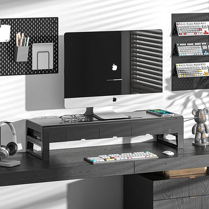 Computer monitor stand with three drawer ，22W charging , 2 USB 3.0 , and 1 USB 2.0 ，Laptop Desk Shelf & Monitor Riser 27.55 inches long desk riser Monitors/PC/Laptop/Computer Space Saver Organizer ，Heavy Duty Gift Gaming Studio Office(USB Hub Fast Char...
