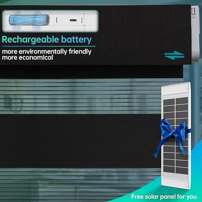 Motorized Zebra Blinds, Solar Powered Dual Layer Automatic Shades with Remote Control, Rechargeable Smart Blinds Horizontal Wireless Electric Shades for Windows, Custom Size, Black， 23 x 72